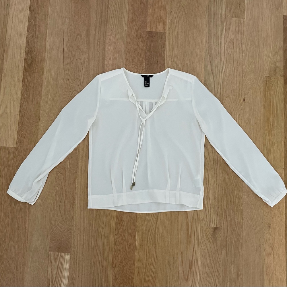 H&M White Long Sleeve Tie Front Blouse